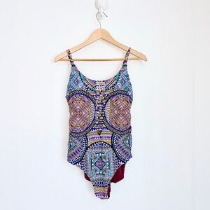 Tribal One Piece Tank Swimsuit with Laddered Cutout Panels – M/L